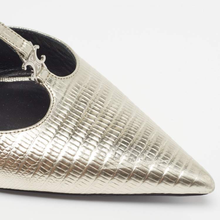 Pre Owned Celine Triomphe Size 37 Metallic Grey Lizard Embossed Leather T-Strap Pumps