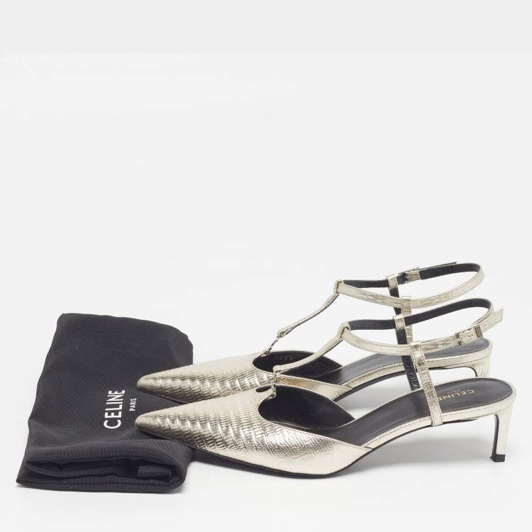 Pre Owned Celine Triomphe Size 37 Metallic Grey Lizard Embossed Leather T-Strap Pumps