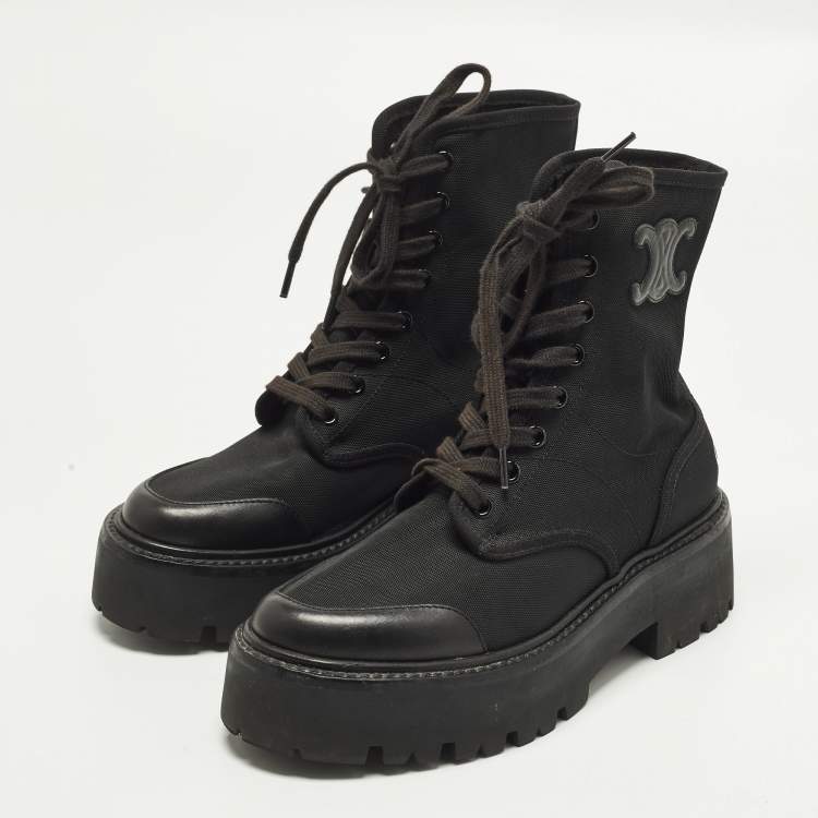 Pre Owned Celine Size 36 Black Canvas and Leather Combat Boots