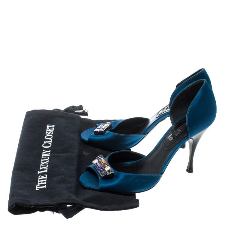 Pre Owned Céline Blue Satin Crystal Embellished D’orsay Peep Toe Pumps Size 39