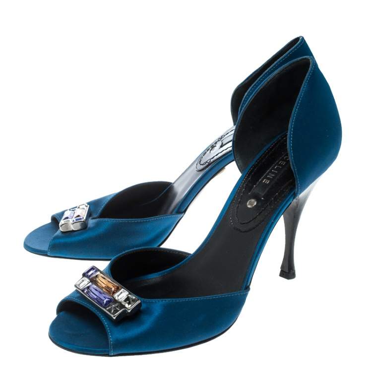 Pre Owned Céline Blue Satin Crystal Embellished D’orsay Peep Toe Pumps Size 39