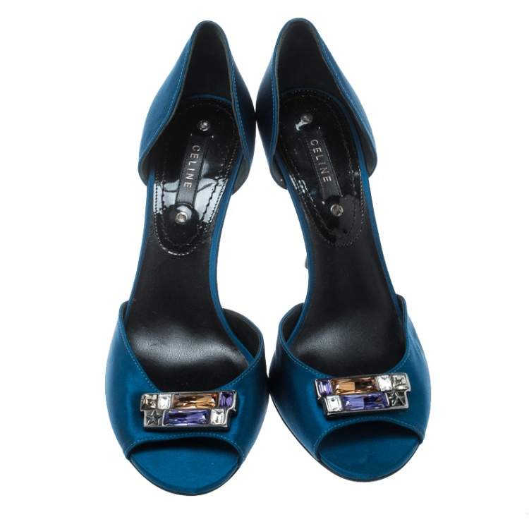 Pre Owned Céline Blue Satin Crystal Embellished D’orsay Peep Toe Pumps Size 39
