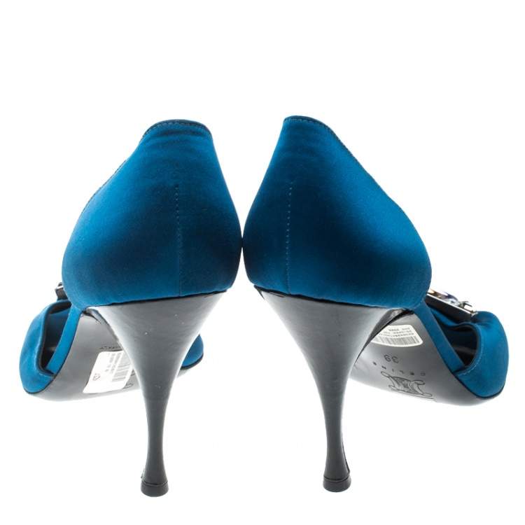 Pre Owned Céline Blue Satin Crystal Embellished D’orsay Peep Toe Pumps Size 39