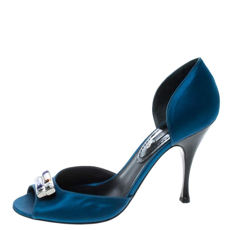 Pre Owned Céline Blue Satin Crystal Embellished D’orsay Peep Toe Pumps Size 39