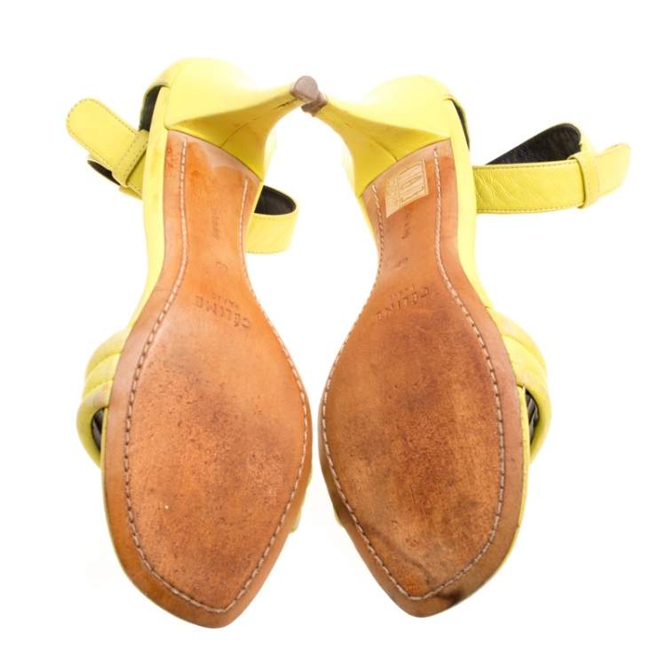 Pre Owned Celiine Yellow Leather Ankle Strap Sandals Size 37