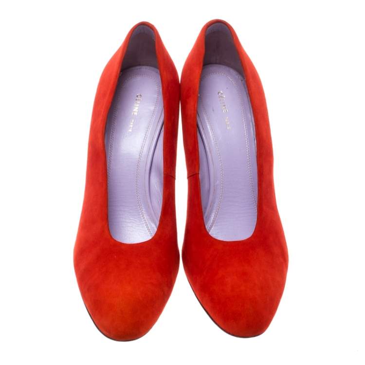 Pre Owned Celine Coral Red Suede Pumps Size 37