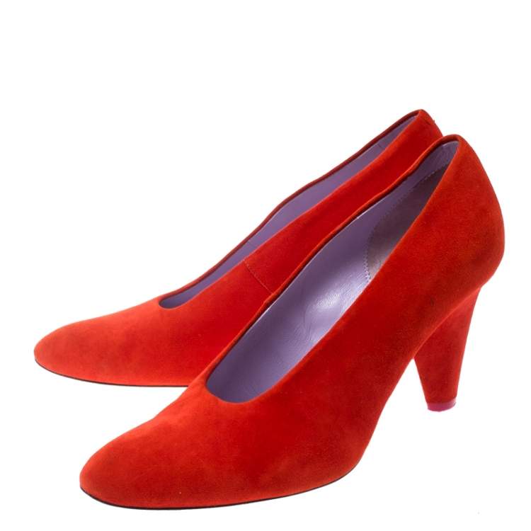 Pre Owned Celine Coral Red Suede Pumps Size 37