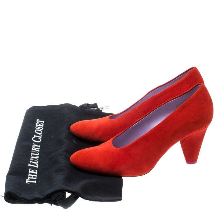 Pre Owned Celine Coral Red Suede Pumps Size 37