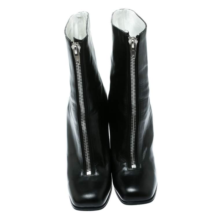 Pre Owned Celine Black Leather Square Toe Calf Length Boots Size 40.5