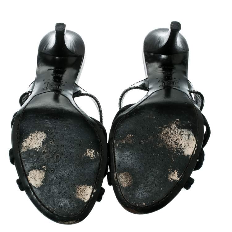 Pre Owned Celine Black Patent Leather And Fabric Sandals Size 38.5