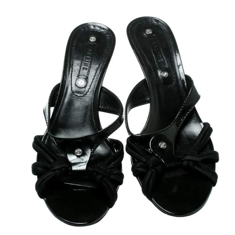 Pre Owned Celine Black Patent Leather And Fabric Sandals Size 38.5