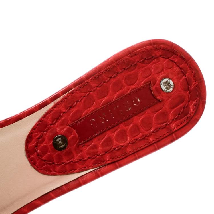 Pre Owned Celine Red Croc Embossed Leather And Fabric Slide Sandals Size 36
