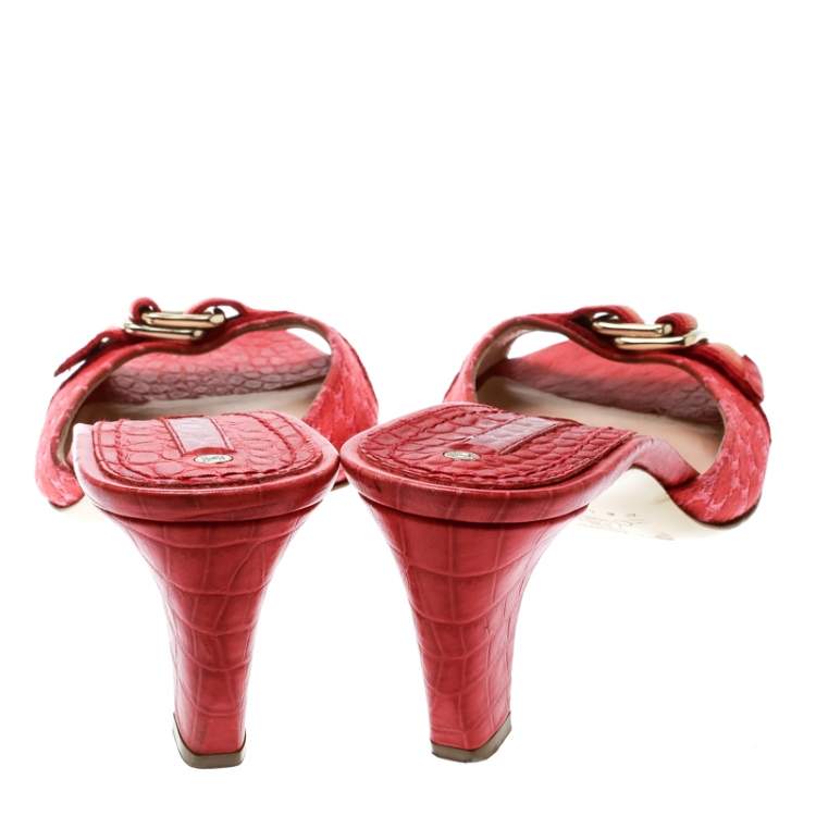 Pre Owned Celine Red Croc Embossed Leather And Fabric Slide Sandals Size 36