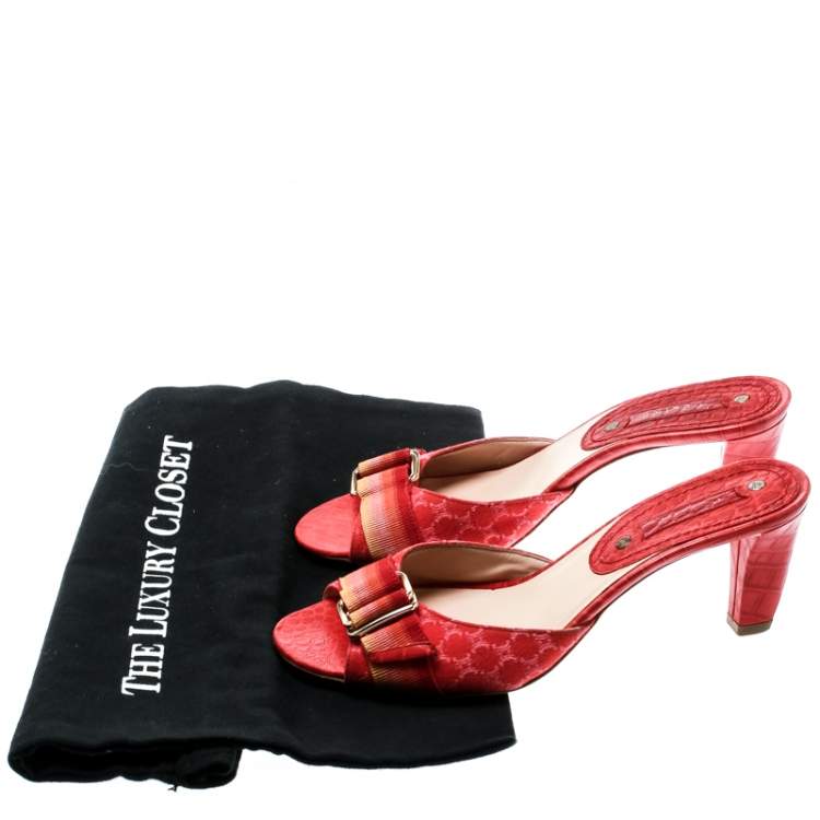 Pre Owned Celine Red Croc Embossed Leather And Fabric Slide Sandals Size 36