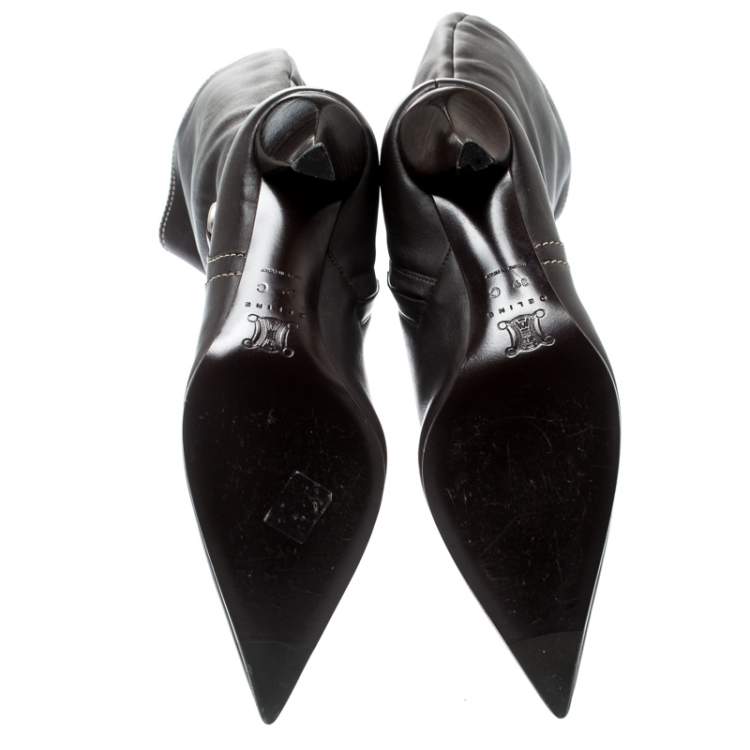 Pre Owned Celine Brown Leather Pointed Toe Knee Length Boots Size 39
