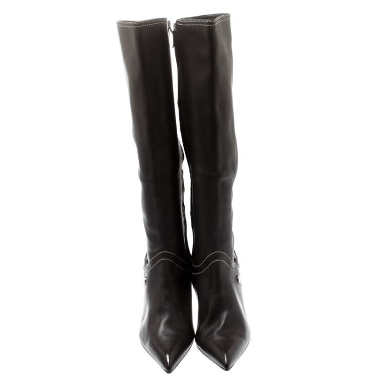 Pre Owned Celine Brown Leather Pointed Toe Knee Length Boots Size 39