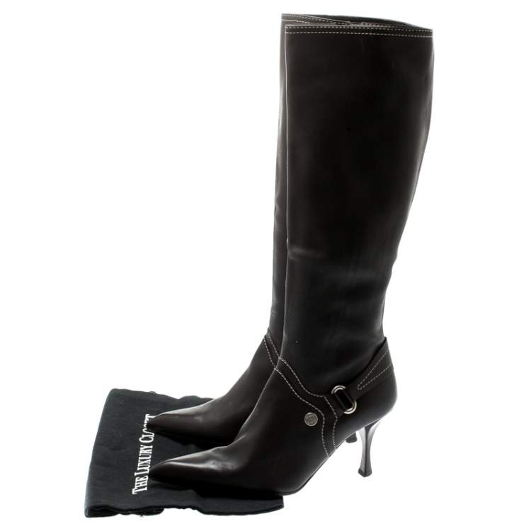 Pre Owned Celine Brown Leather Pointed Toe Knee Length Boots Size 39