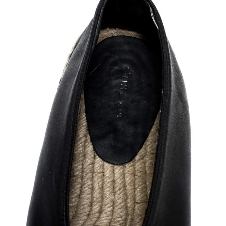 Pre Owned Celine Black Leather Pointed Toe Ankle Wrap Espadrilles Flats Size 37