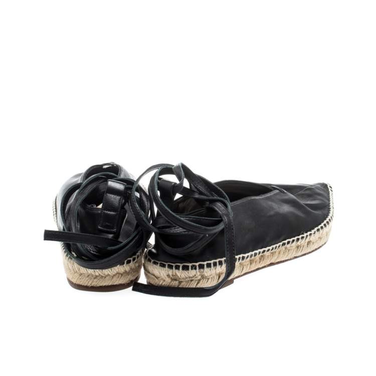 Pre Owned Celine Black Leather Pointed Toe Ankle Wrap Espadrilles Flats Size 37
