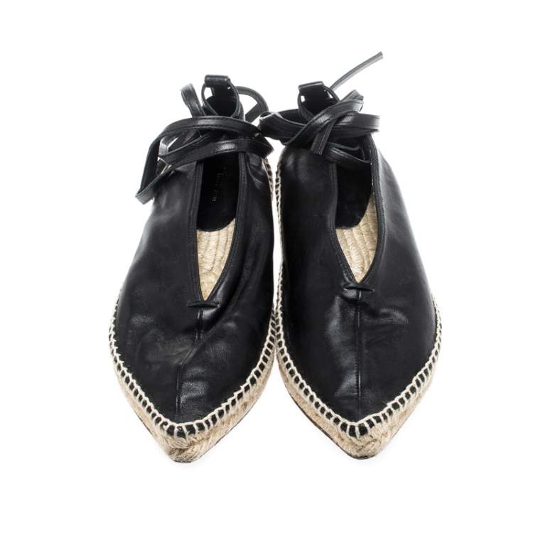 Pre Owned Celine Black Leather Pointed Toe Ankle Wrap Espadrilles Flats Size 37
