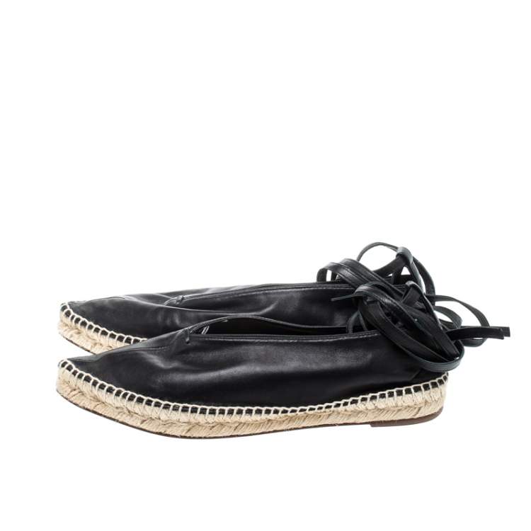 Pre Owned Celine Black Leather Pointed Toe Ankle Wrap Espadrilles Flats Size 37