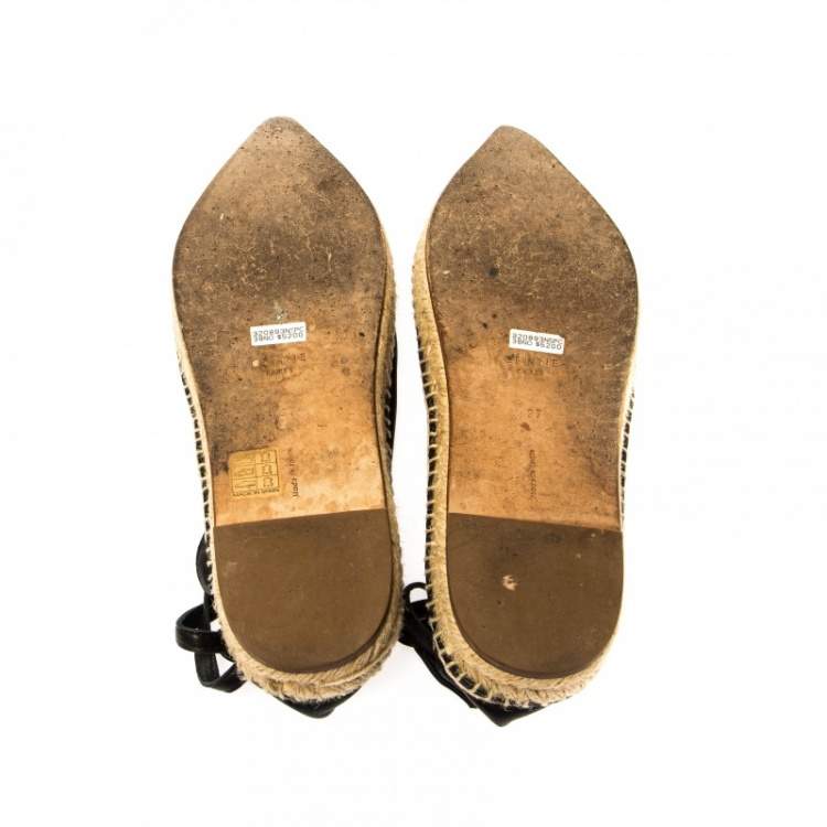 Pre Owned Celine Black Leather Pointed Toe Ankle Wrap Espadrilles Flats Size 37