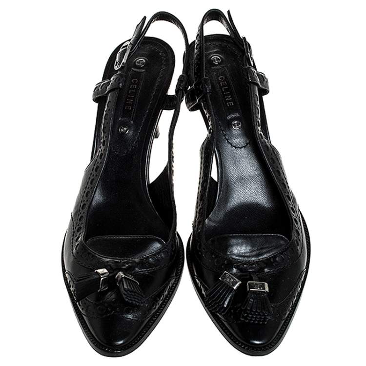 Pre Owned Celine Black Brogue Leather Tassel Slingback Sandals Size 40