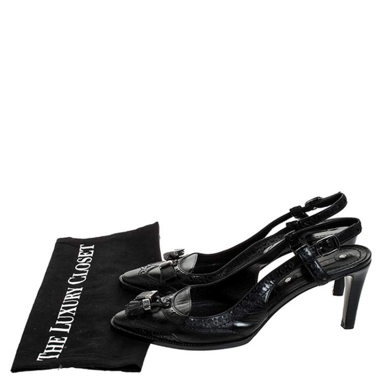 Pre Owned Celine Black Brogue Leather Tassel Slingback Sandals Size 40