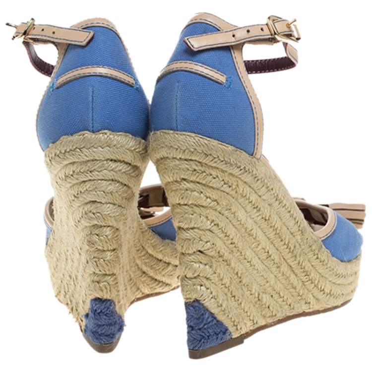 Pre Owned Celine Blue Canvas And Beige Leather Tassel Espadrille Wedge Platform Ankle Strap Sandals Size 38