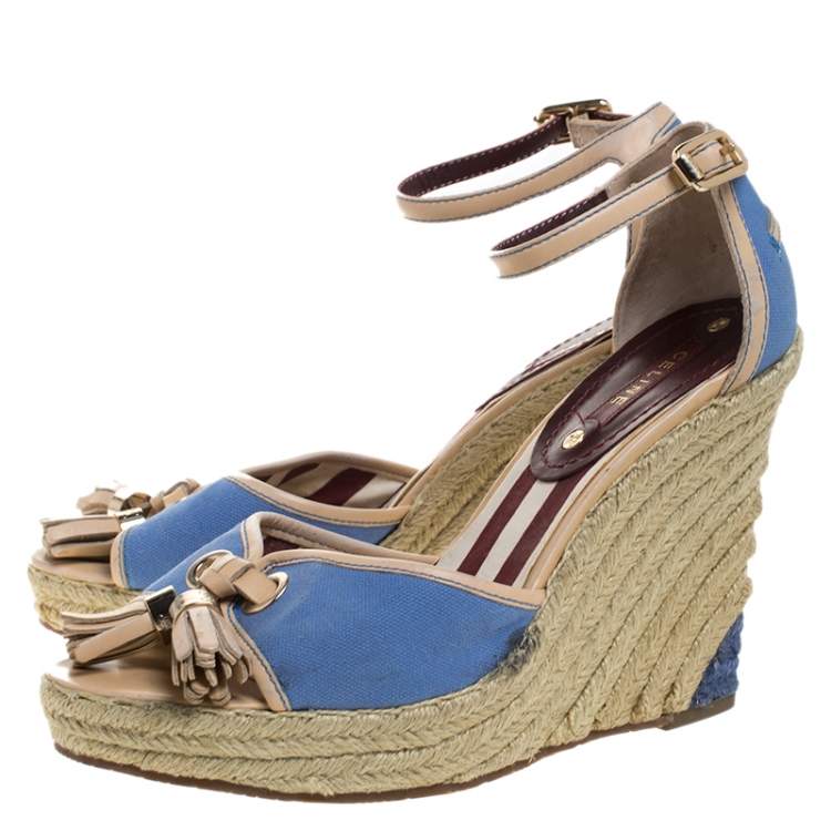 Pre Owned Celine Blue Canvas And Beige Leather Tassel Espadrille Wedge Platform Ankle Strap Sandals Size 38
