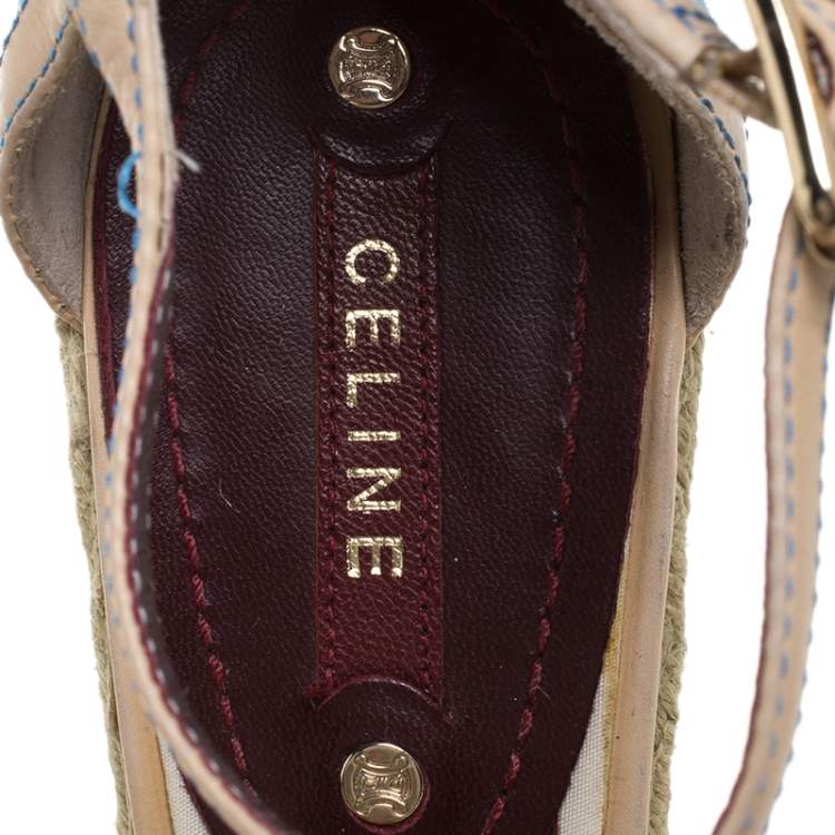 Pre Owned Celine Blue Canvas And Beige Leather Tassel Espadrille Wedge Platform Ankle Strap Sandals Size 38