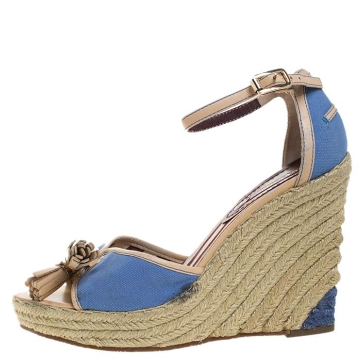 Pre Owned Celine Blue Canvas And Beige Leather Tassel Espadrille Wedge Platform Ankle Strap Sandals Size 38