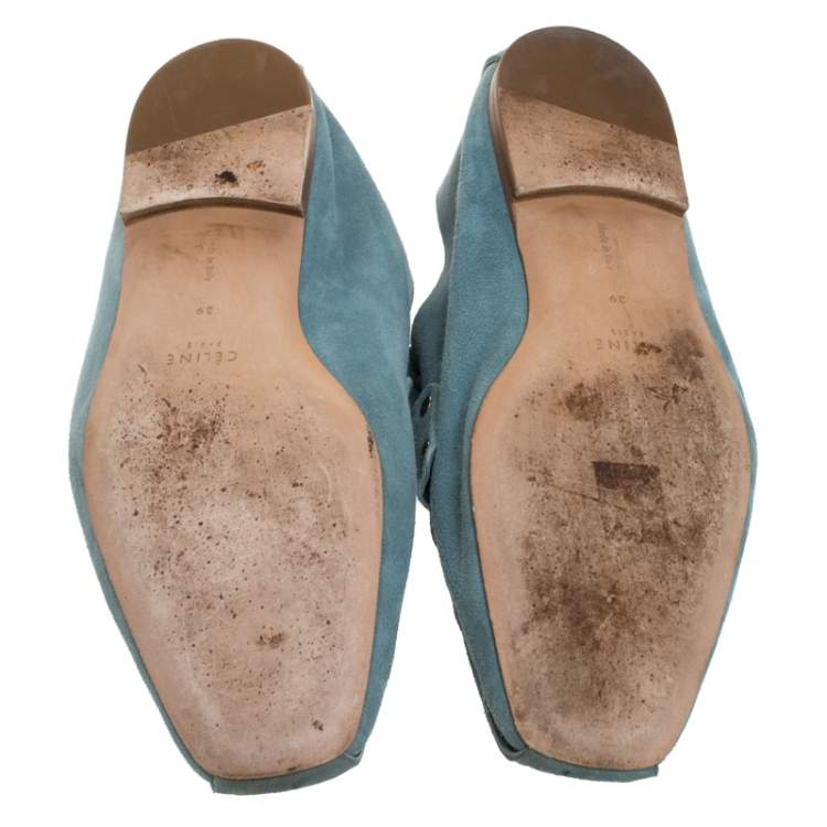 Pre Owned Celine Blue Suede Studded Slip On Loafers Size 39