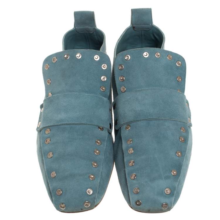 Pre Owned Celine Blue Suede Studded Slip On Loafers Size 39