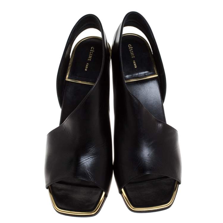 Pre Owned Celine Black Leather Peep Toe Sandals Size 39