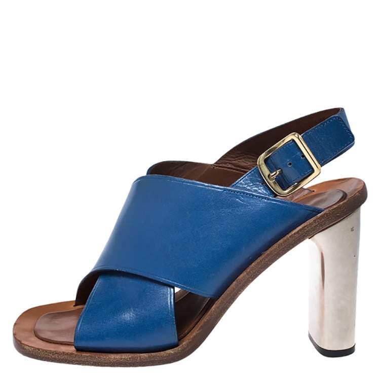 Pre Owned Celine Blue Leather Cross Strap Open Toe Slingback Sandals Size 39
