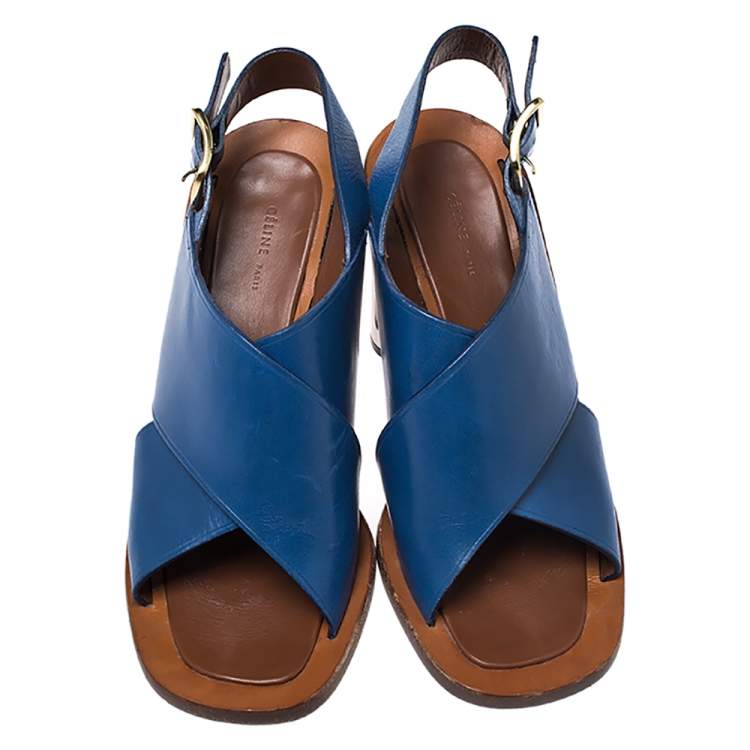 Pre Owned Celine Blue Leather Cross Strap Open Toe Slingback Sandals Size 39