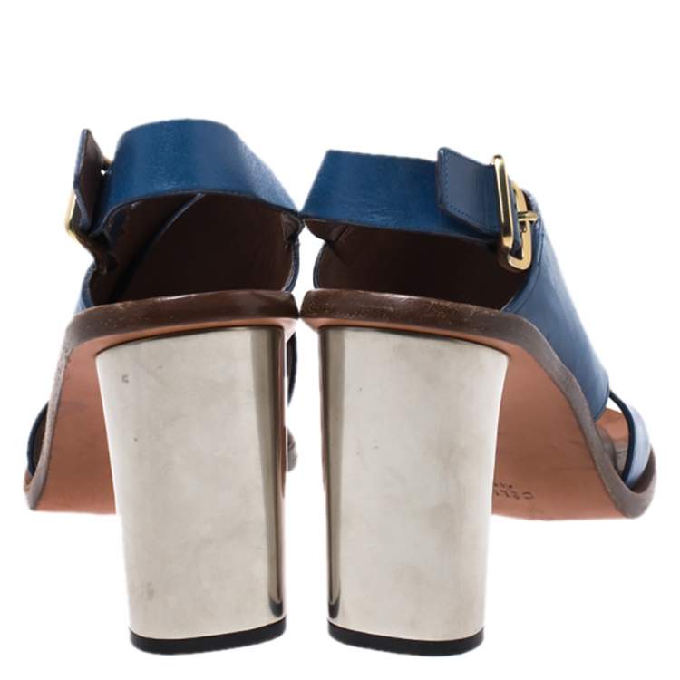 Pre Owned Celine Blue Leather Cross Strap Open Toe Slingback Sandals Size 39