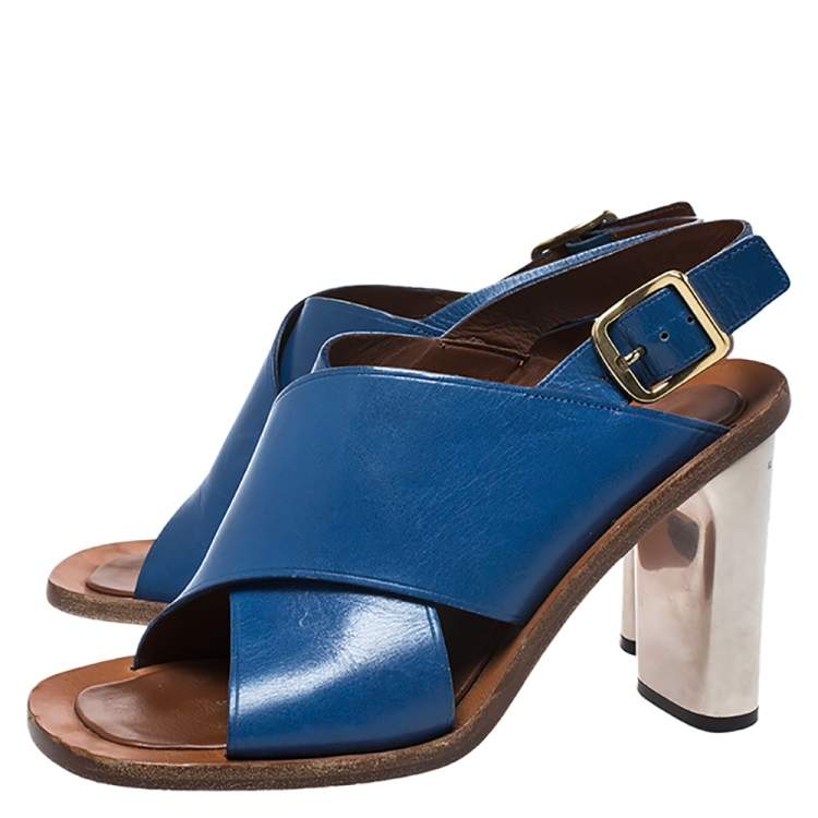 Pre Owned Celine Blue Leather Cross Strap Open Toe Slingback Sandals Size 39