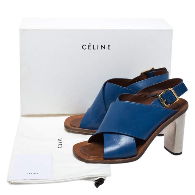 Pre Owned Celine Blue Leather Cross Strap Open Toe Slingback Sandals Size 39