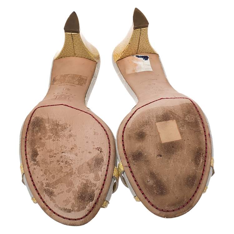 Pre Owned Celine Off-white/Yellow Macadam Canvas And Patent Trim Slide Sandals Size 40