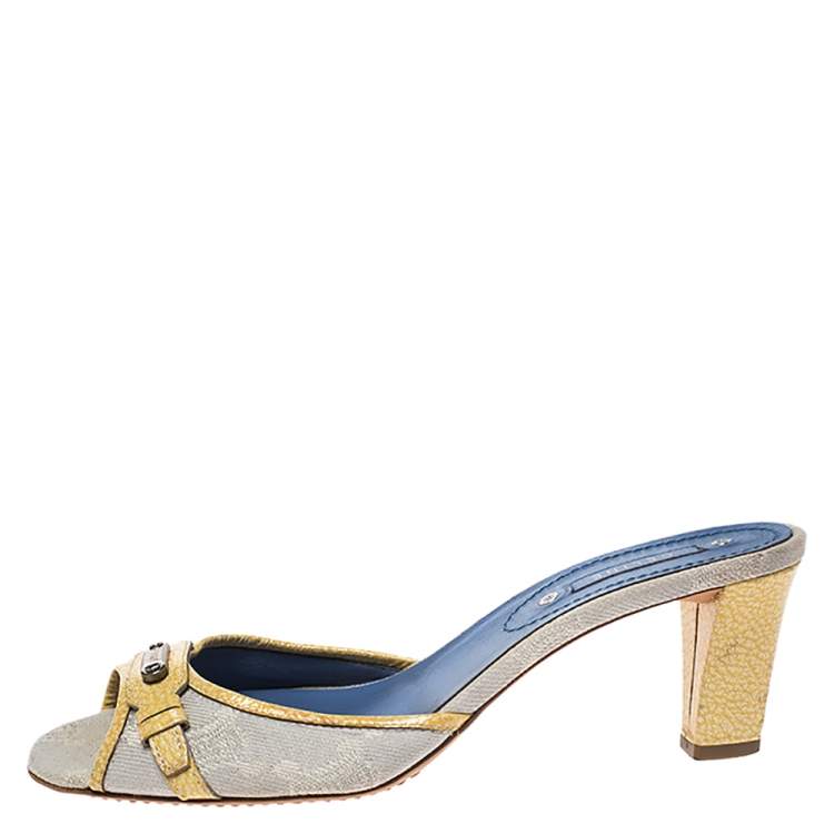 Pre Owned Celine Off-white/Yellow Macadam Canvas And Patent Trim Slide Sandals Size 40
