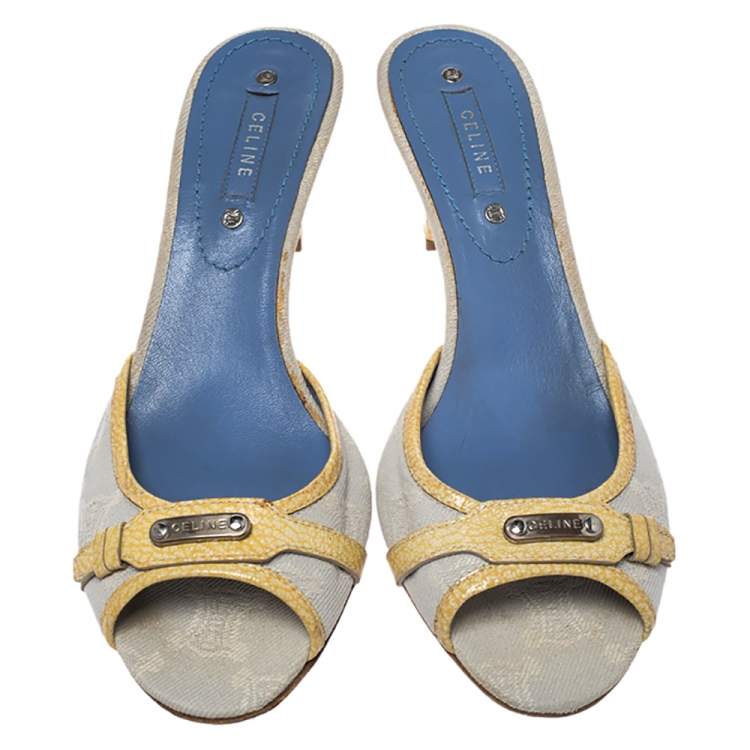 Pre Owned Celine Off-white/Yellow Macadam Canvas And Patent Trim Slide Sandals Size 40