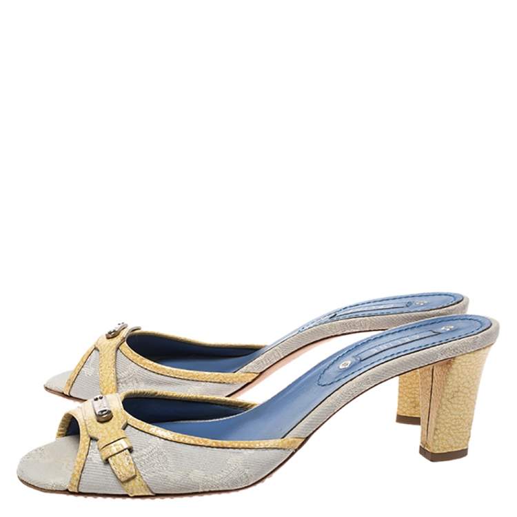 Pre Owned Celine Off-white/Yellow Macadam Canvas And Patent Trim Slide Sandals Size 40