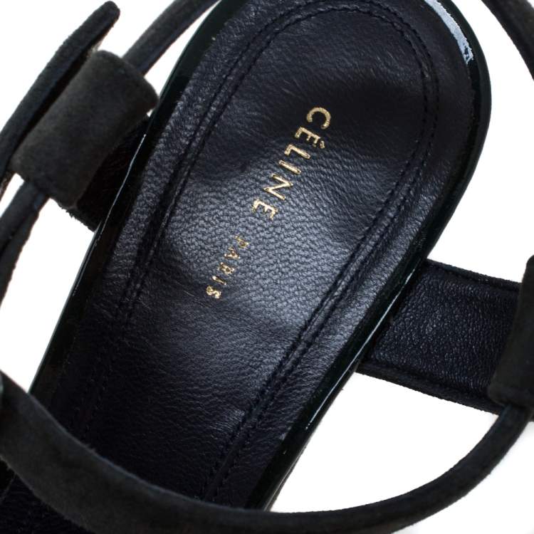 Pre Owned Celine Green Patent Leather And Suede Ankle Strap Open Toe Platform Sandals Size 37.5