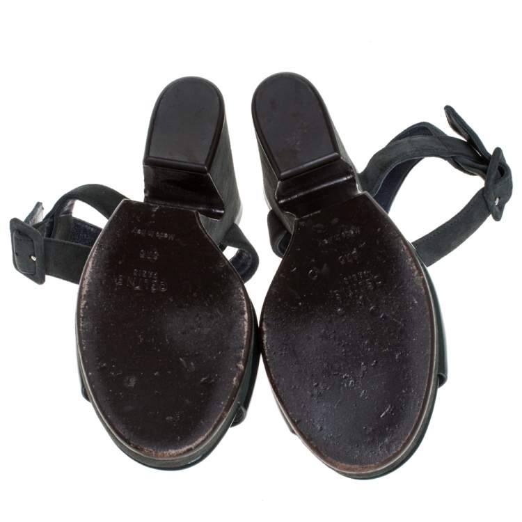 Pre Owned Celine Green Patent Leather And Suede Ankle Strap Open Toe Platform Sandals Size 37.5