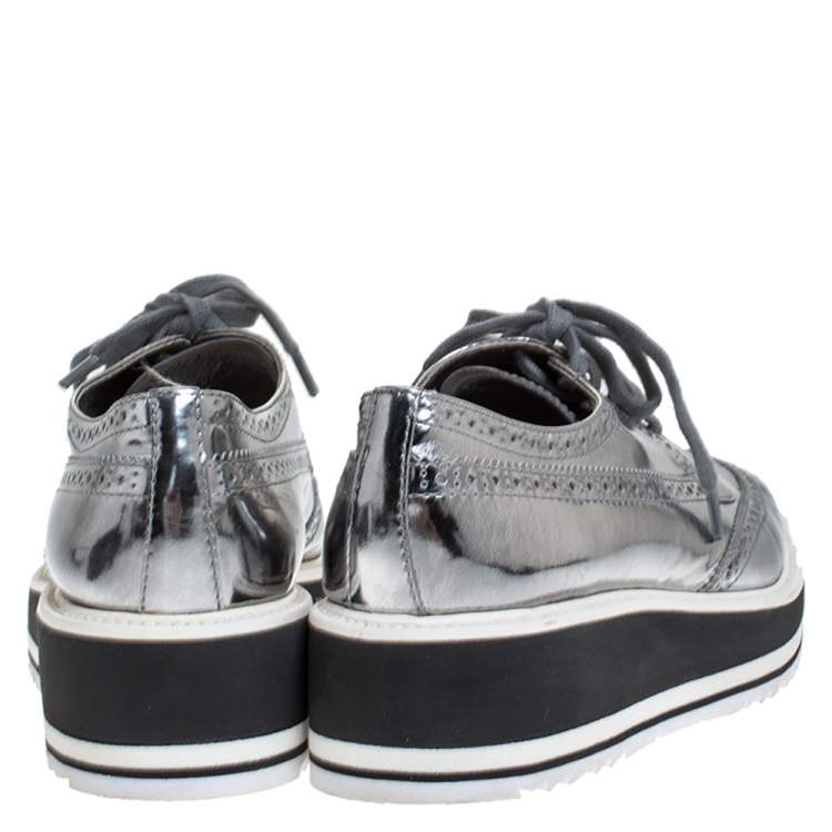 Pre Owned Prada Metallic Silver Brogue Leather Platform Low Top Sneakers Size 38