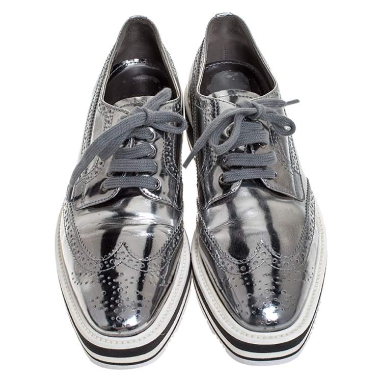 Pre Owned Prada Metallic Silver Brogue Leather Platform Low Top Sneakers Size 38