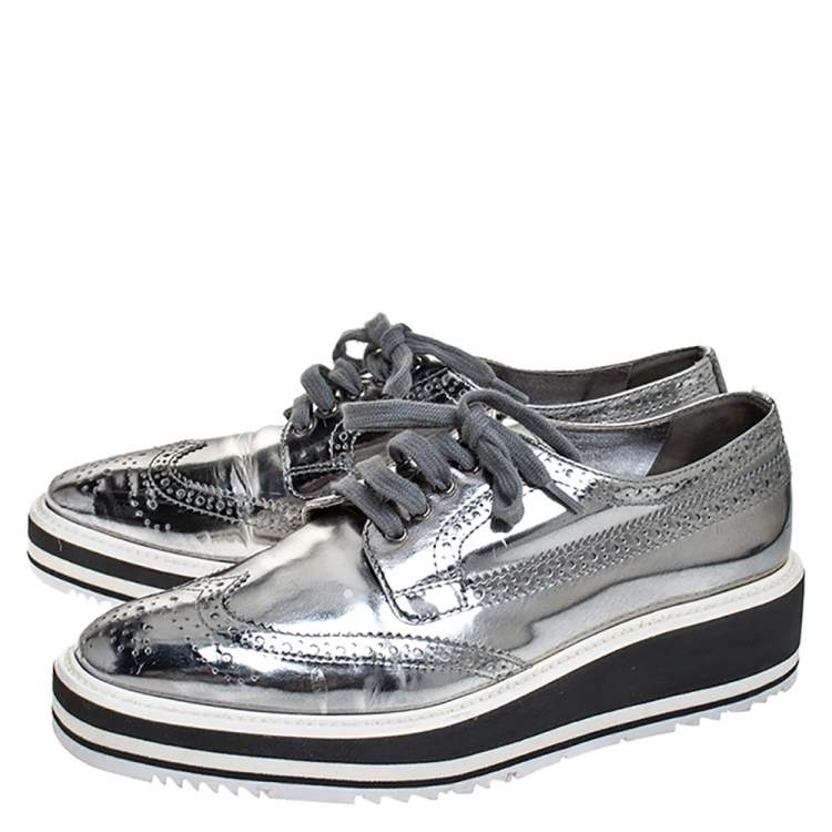 Pre Owned Prada Metallic Silver Brogue Leather Platform Low Top Sneakers Size 38