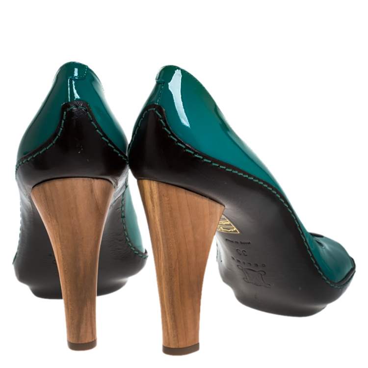 Pre Owned Celine Green/Black Patent And Leather Wooden Heels Pumps Size 38